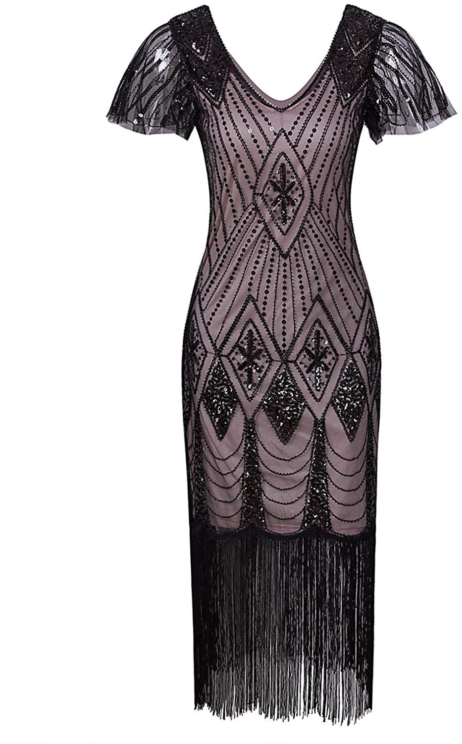 Women's 1920s Gatsby Inspired Sequin Beads Long Fringe Flapper Dress with Sleeves