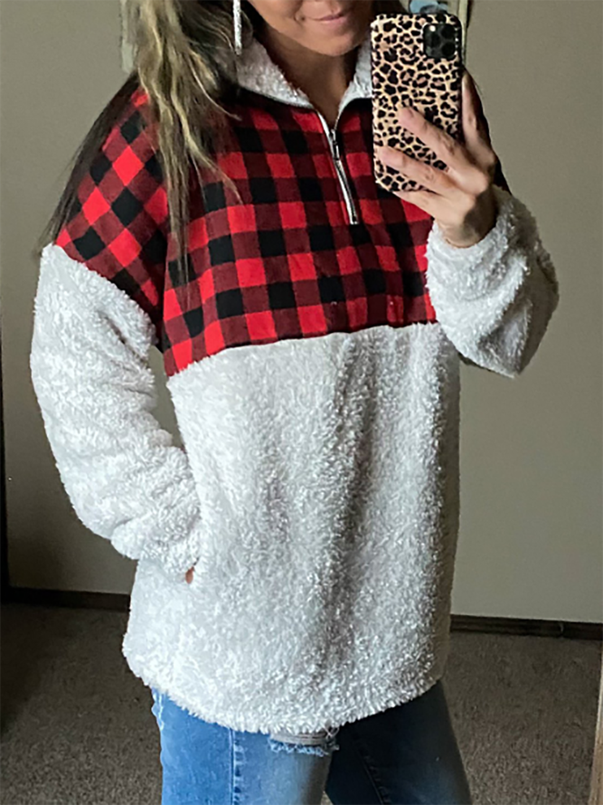 White Cotton-Blend Long Sleeve Plaid Sweatshirt Zaesvini