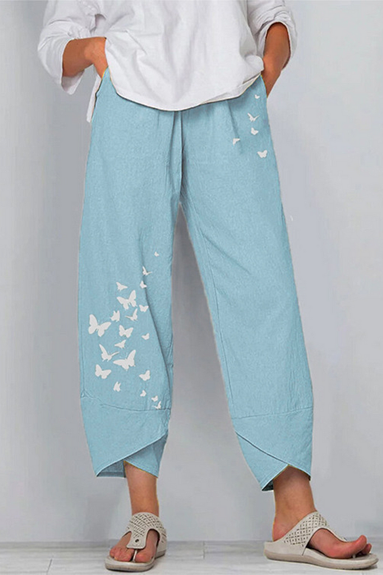 Butterfly Print Capris Loose Mid Waist Wide Leg Positioning Print Bottoms - Life is Beautiful for You - SheChoic