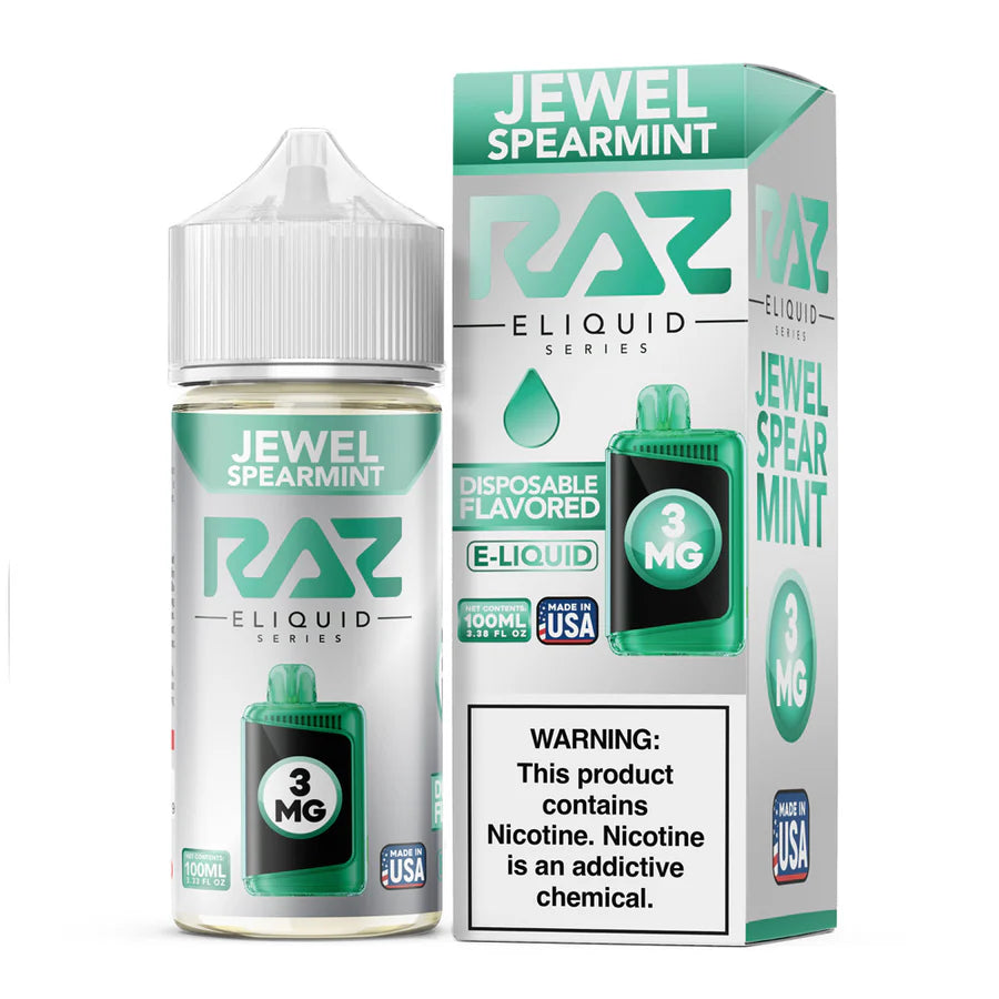 100ML Pod Juice X RAZ Jewel Spearmint E-Liquid, 3mg nicotine, Made in USA.