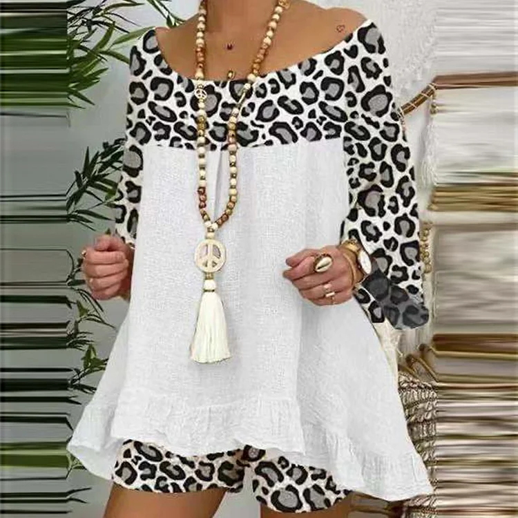 Summer 2022 Vintage leopard print patchwork suit Cotton and linen shirt top and loose shorts suit casual two-piece suit