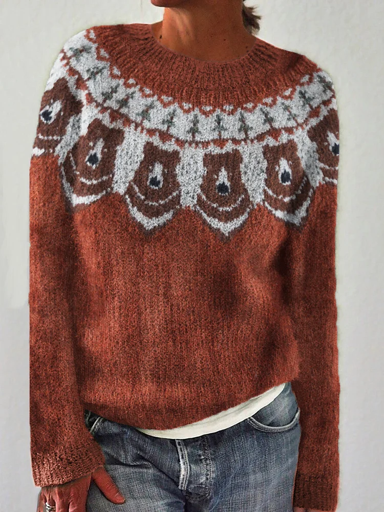 VChics Forest Bear Inspired Cozy Knit Yoke Sweater
