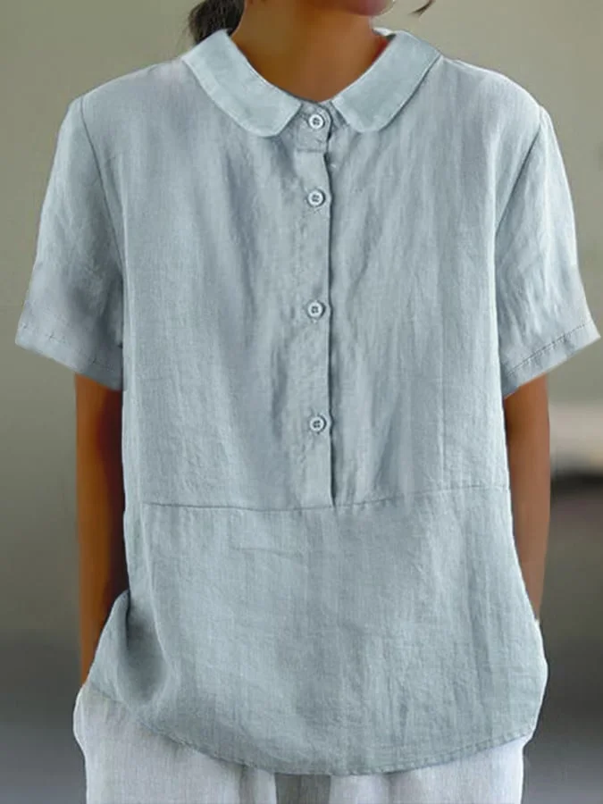 Women's Solid Color Round Neck Button Loose Casual Shirt.