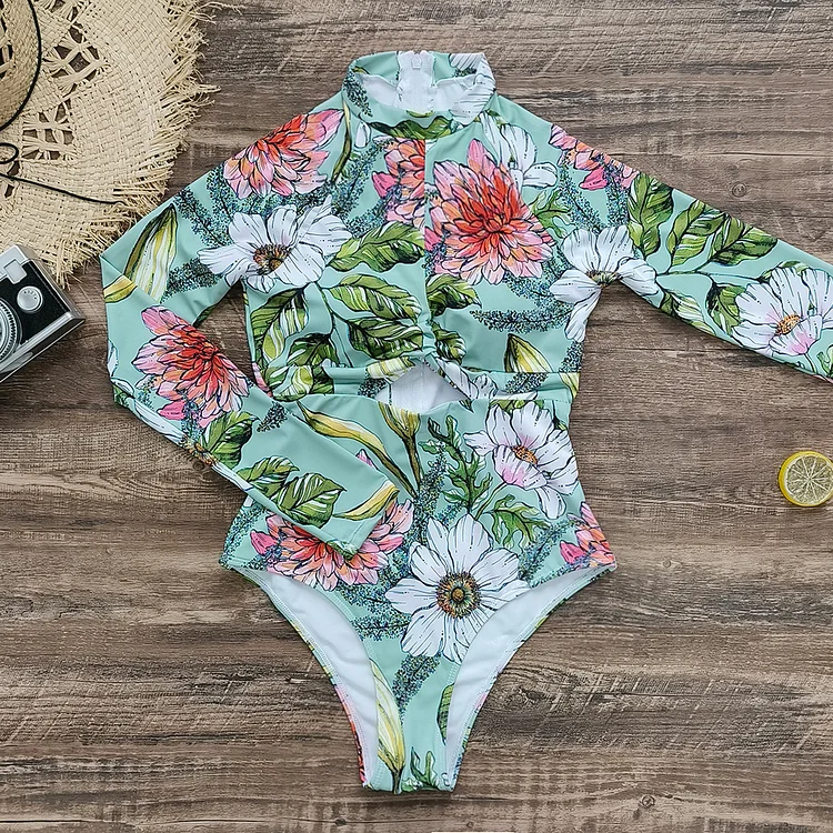 Long Sleeve Printed One Piece Surf Swimsuit Flaxmaker