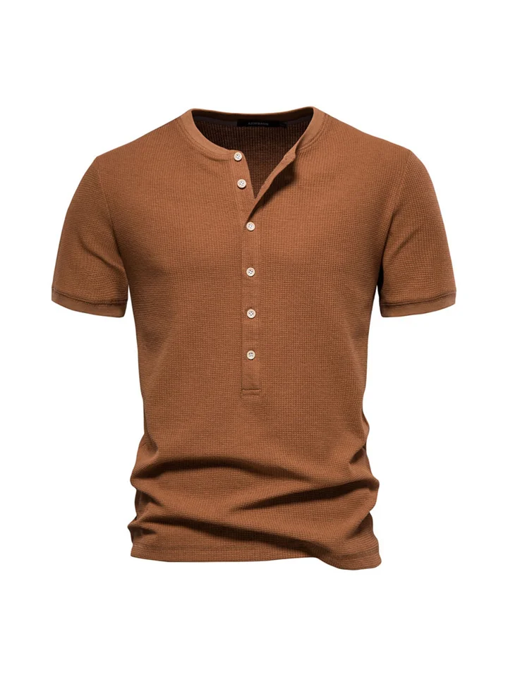 Henley Collar Knit Slim Short-sleeved T-shirt Shirt Casual Button Round Neck Men's Solid Color Waffle Pullover T-shirt-Cosfine