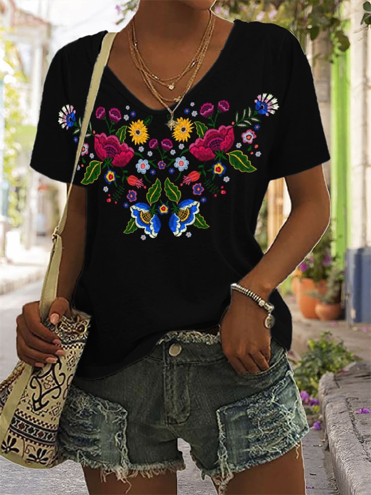 Mexican Ethnic Flowers V Neck T Shirt