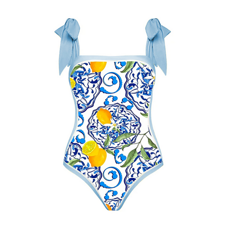Plus Size Lemon Print Tie-shoulder One Piece Swimsuit and Sarong Flaxmaker