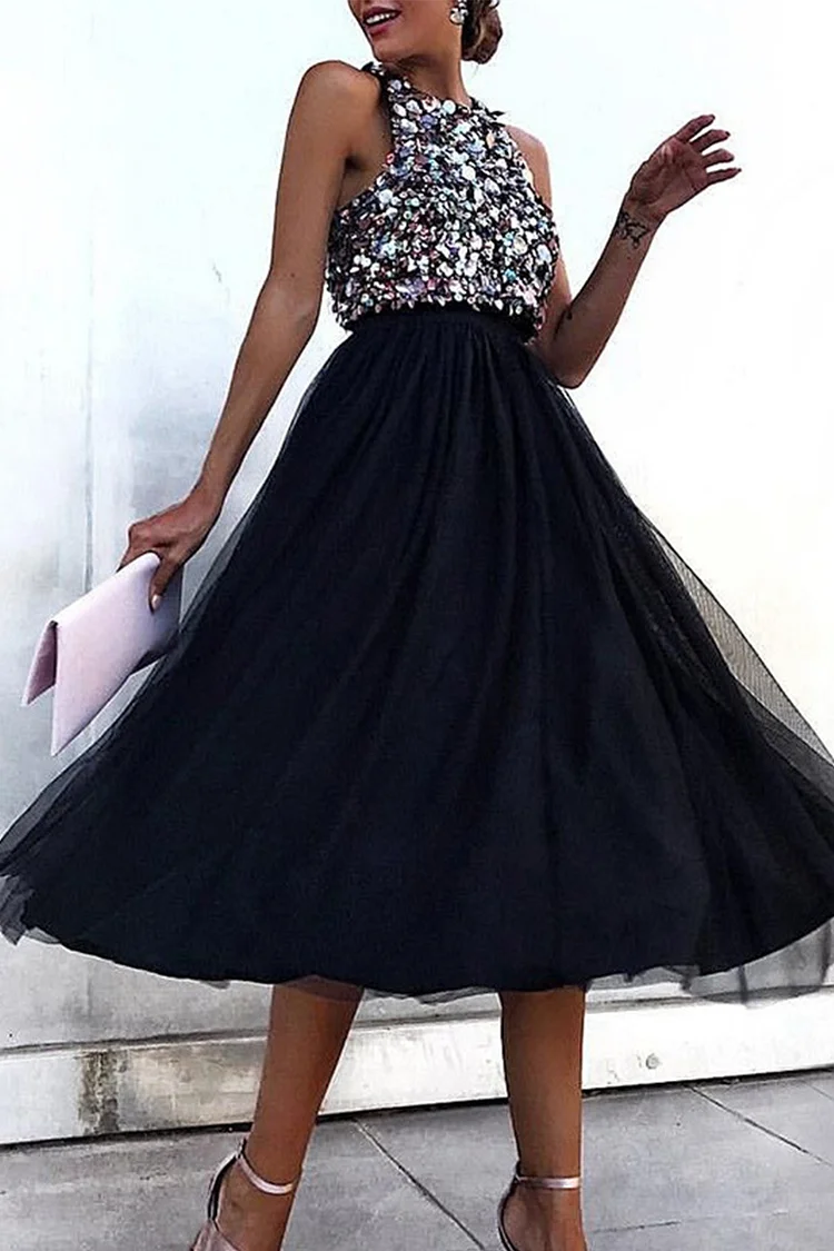 1950s Black Formal Patchwork Sequin Mesh Sleeveless Midi Dress