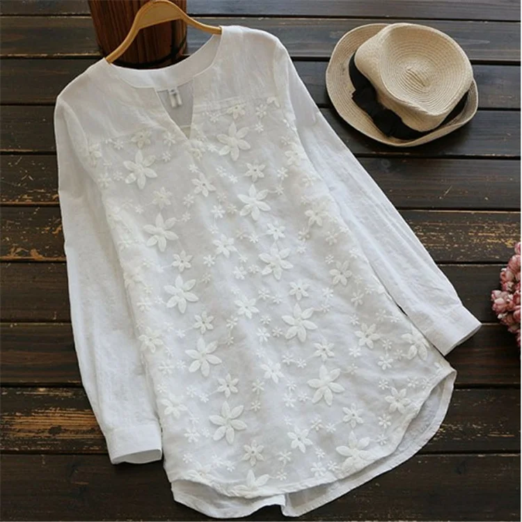 Lace Embroidered V-Neck Women's Long Sleeve Shirt