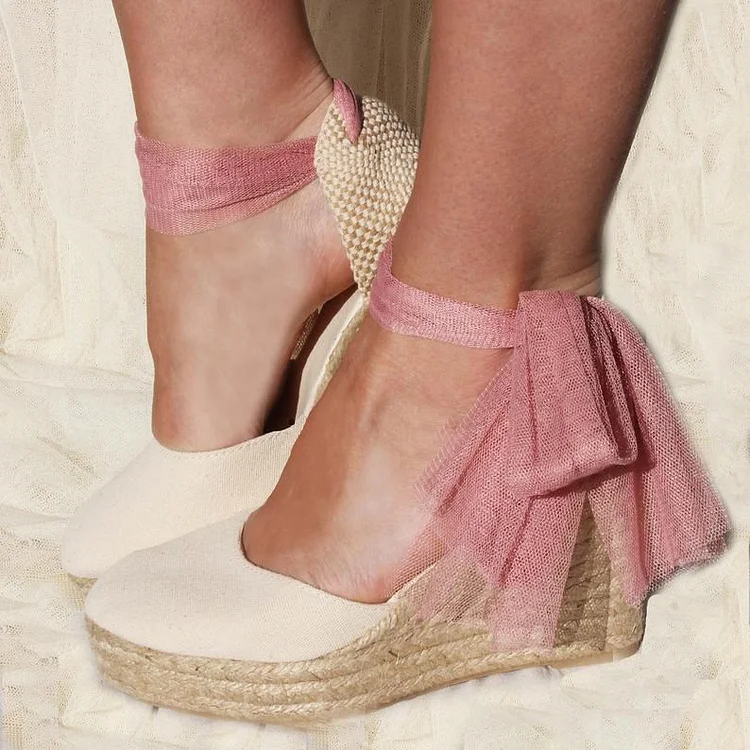 Ivory Canvas Espadrille Wedges Platform Ankle Strap Sandlas |FSJ Shoes