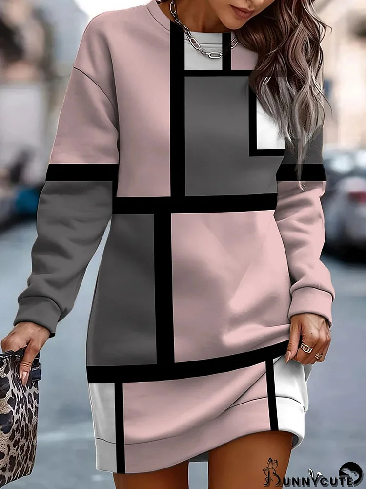 Women's Plaid Printed Graphic Stitching Scoop Neck Long Sleeve Dress