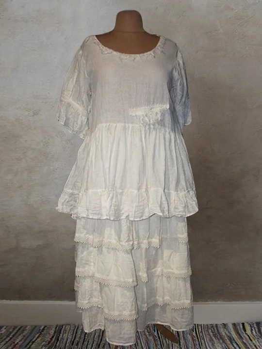 Cotton Linen Pure Color Layered Vintage Dress