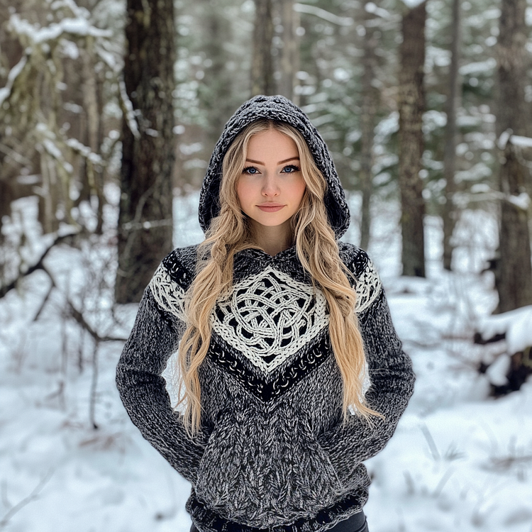 Vintage Celtic Contrast Color Chunky Cozy Hooded Sweater