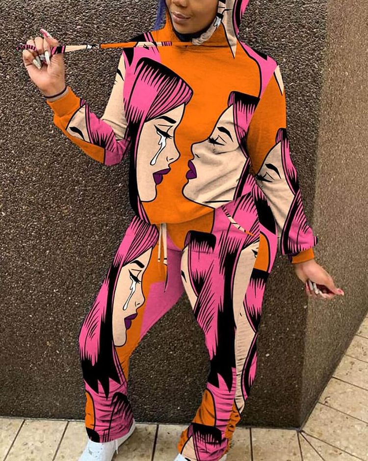 Figure Print Drawstring Detail Hoodie & Pants Set - Shop Trendy Women's Clothing | LoverChic