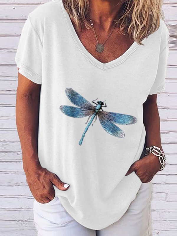 Dragonfly Printed V-Neck Casual Tee