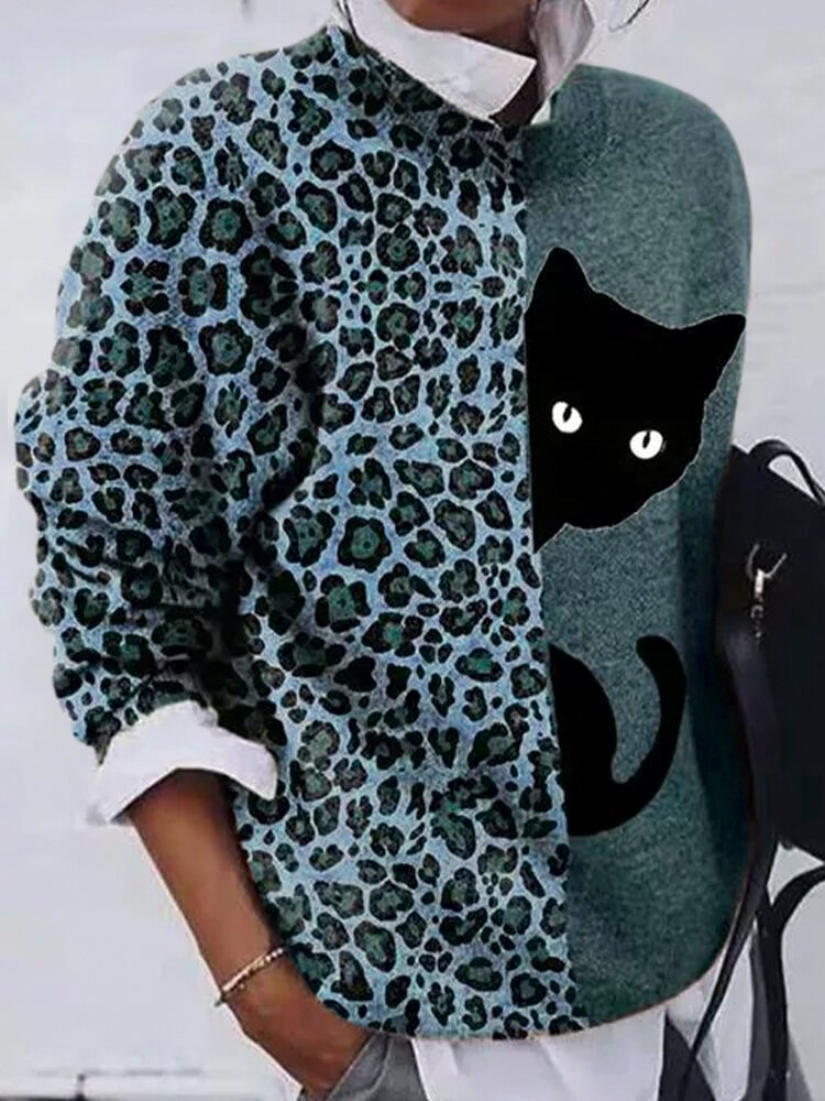 Leopard Cat Patchwork Printed O neck Long Sleeve T shirt P1774291