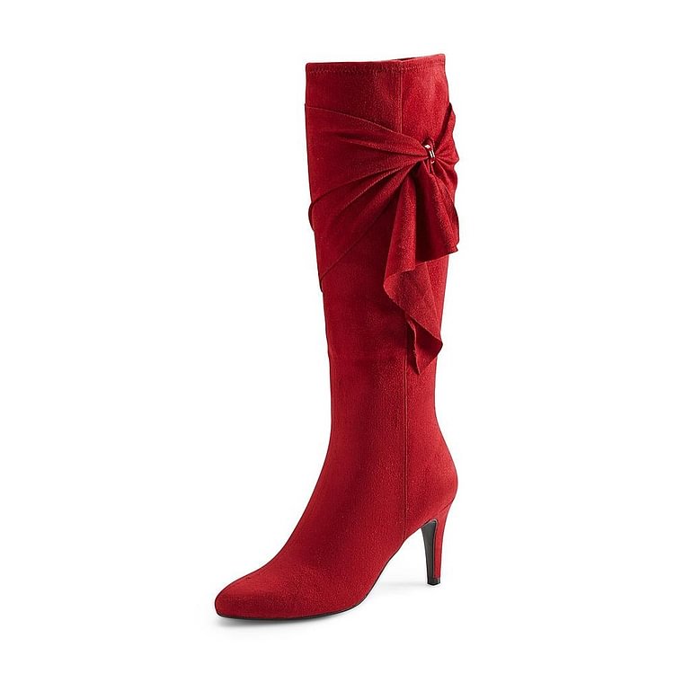 Red Heeled Boots Bow Suede Low Heel Knee High Boots |FSJ Shoes