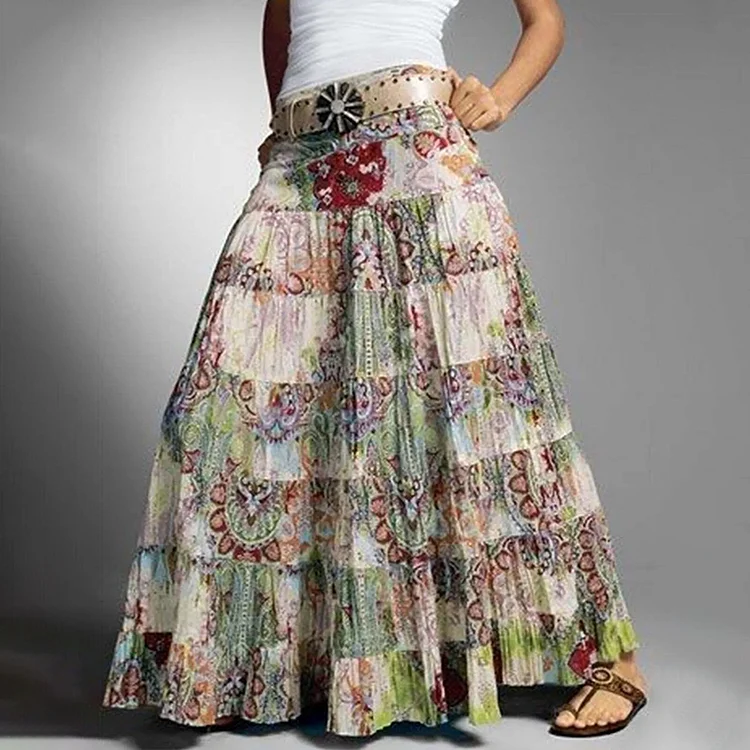 Bohemian Floral Print Big Swing Tiered Maxi Skirt