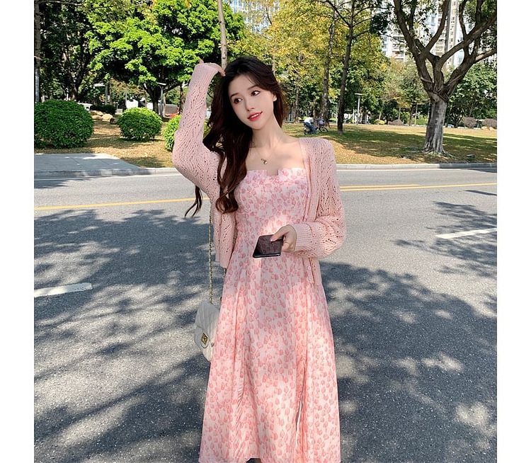 Spaghetti Strap Floral Dress / Long-Sleeve Cutout Cardigan YP3798