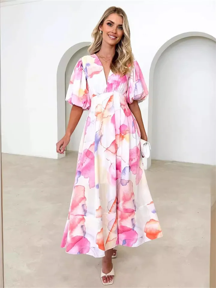 Women's Summer New Floral Print Bubble Sleeve A-line Dress Temperament Dress Printing Dresses-JRSEE