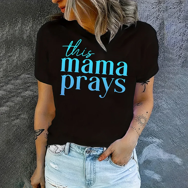 Comstylish Vintage The Mama Pray Print Crew Neck Cozy T-Shirt