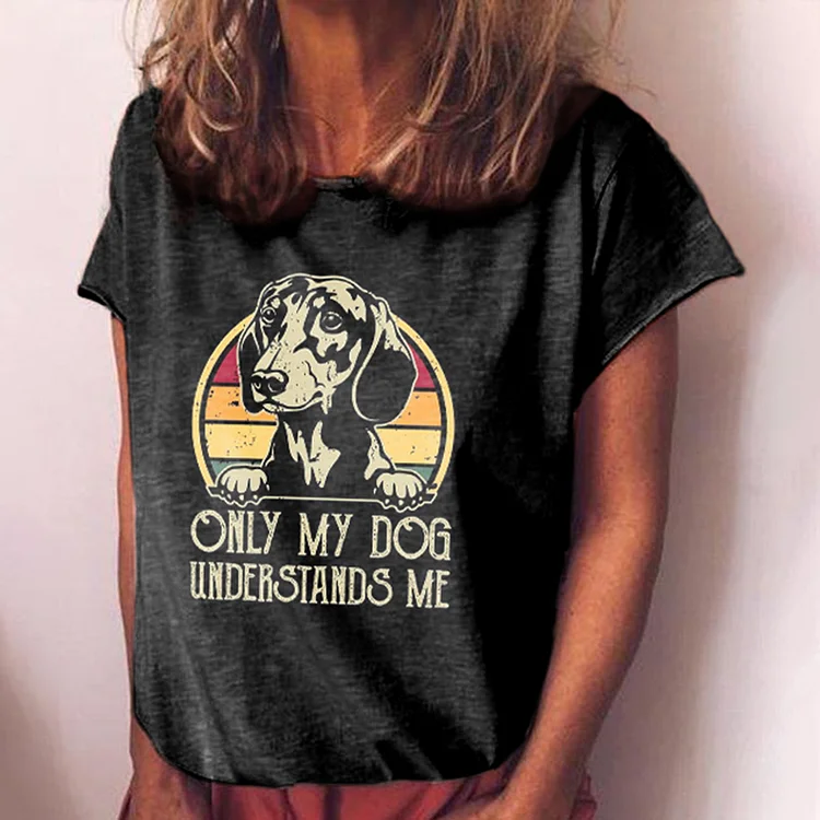 Round Neck Contrast Dog Print Short Sleeve T-Shirt