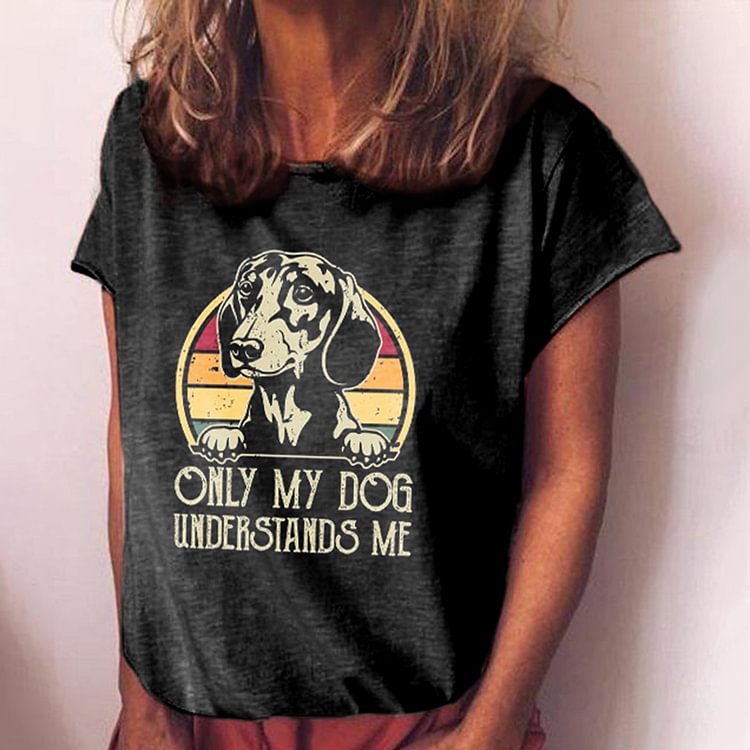 Round Neck Contrast Dog Print Short Sleeve T-Shirt