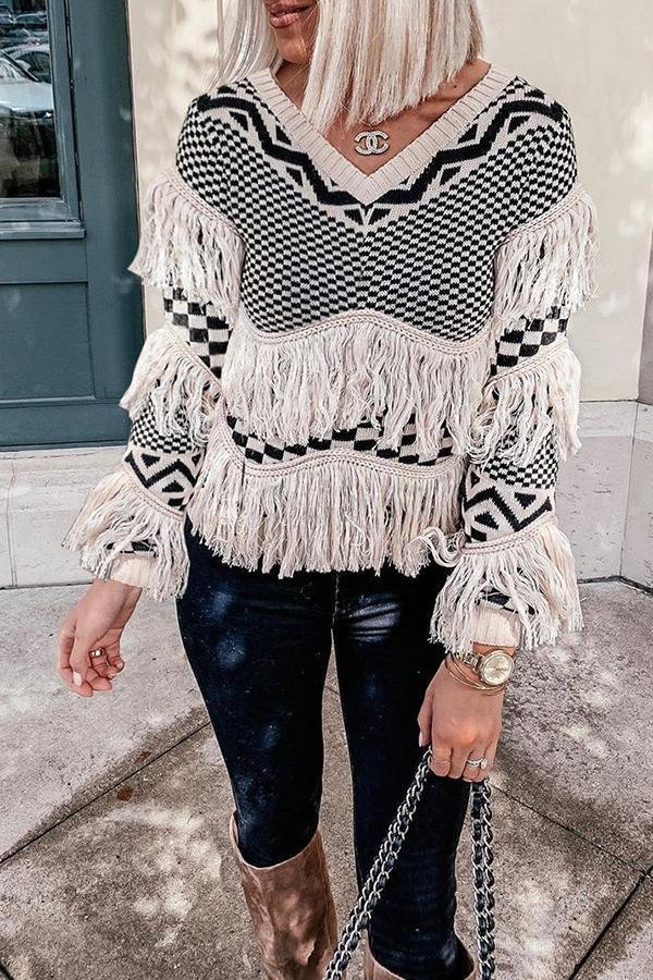 V Neck Long Sleeve Fringed Sweater P16126