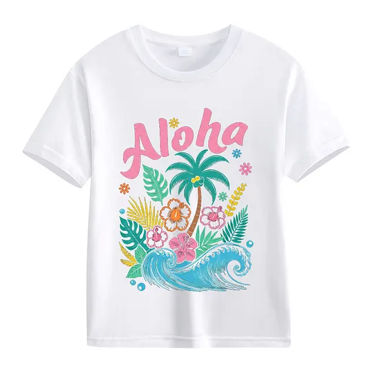 【2Y-13Y】Kids' “Aloha” Fresh Tropical & Hawaiian Style Cartoon Print T-Shirt