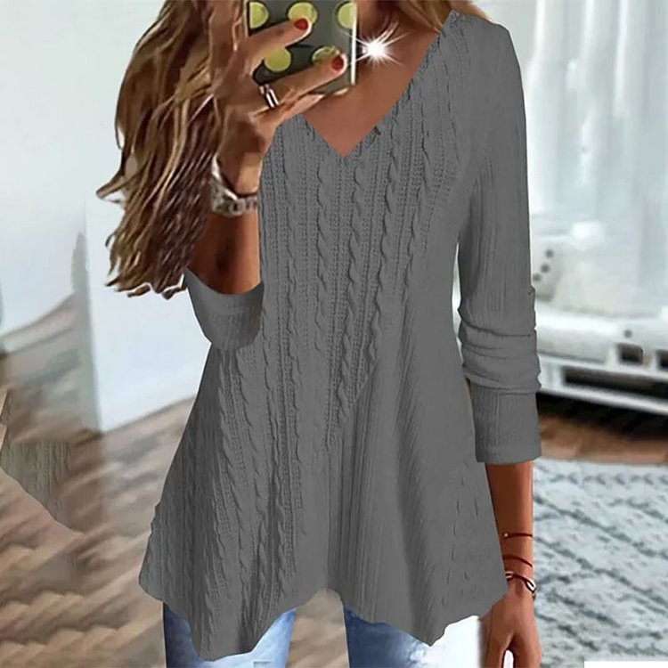 Solid Color V-Neck Irregular Hem T-Shirt