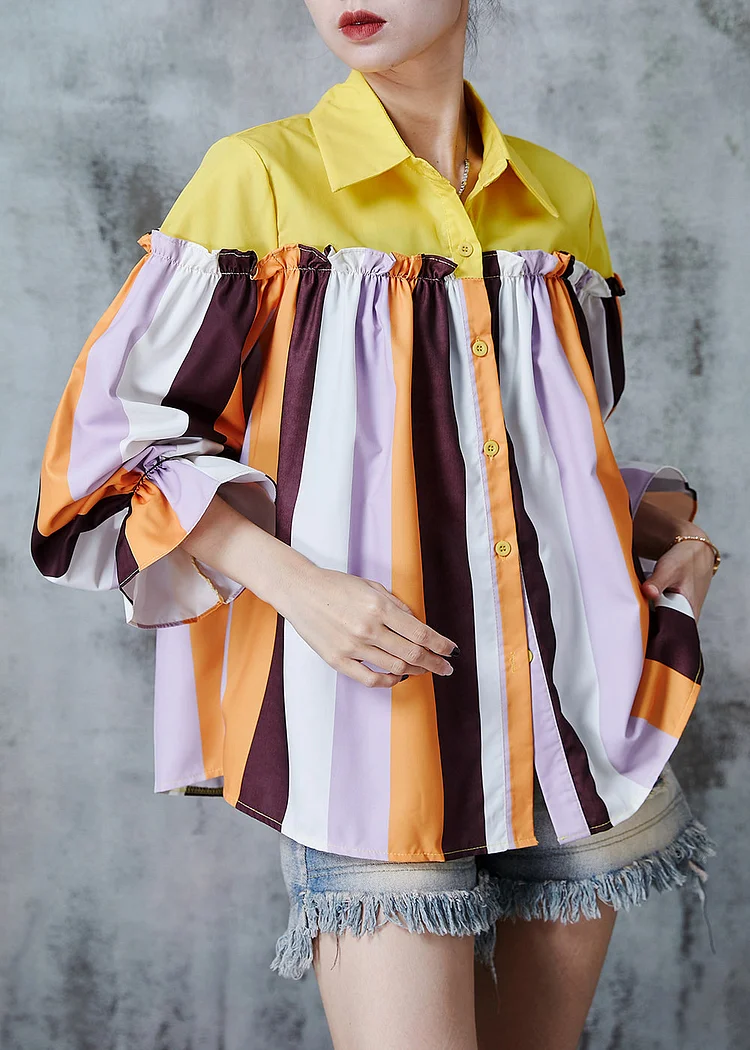 Boutique Colorblock Striped Ruffled Patchwork Cotton Shirt Tops Fall