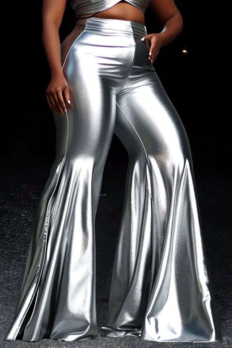 Plus Size Party Pants Casual Silver Fall Winter Flare Leg Glitter Fabric Pants [Pre-Order]
