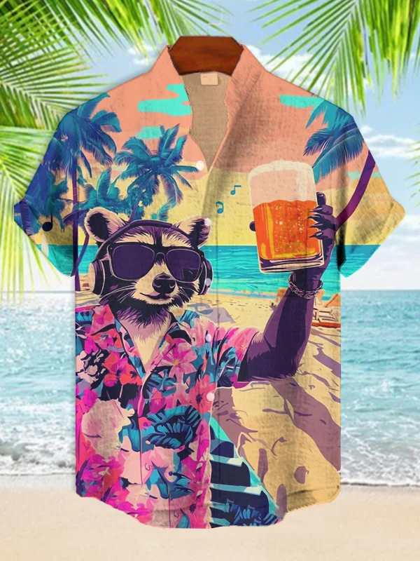 Men's Raccoon Drinking Beer Print Short Sleeve Shirt