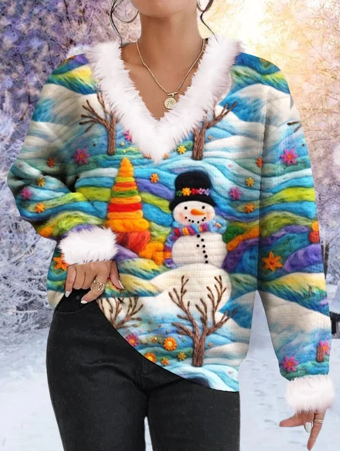 Winter Snowman Printed V-Neck Women's Top