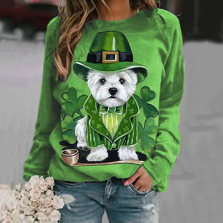 Comstylish St. Patrick's Day Shamrock Dog Print Long Sleeve Sweatshirt