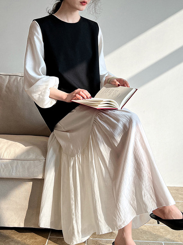 French Lace High-Neck Puff Sleeve Waist-Cinching Midi Dress