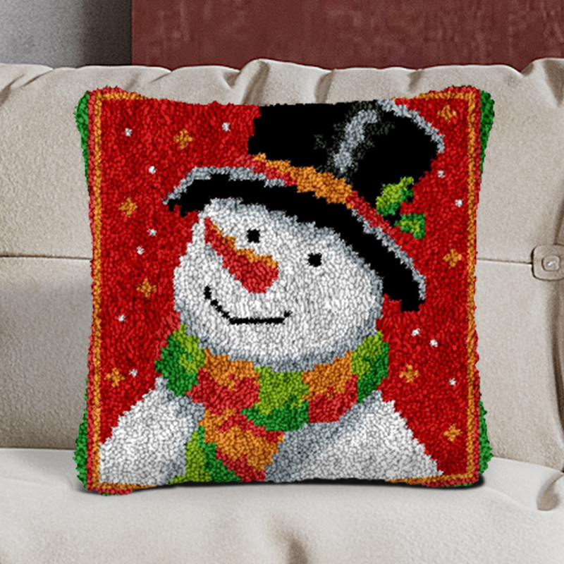 Cheerful Snowman Latch Hook Pillow Kit Hooked Cushion for Adult