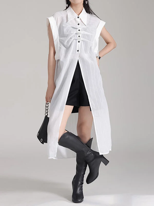 Buttoned Pleated See-Through Split-Front Roomy Sleeveless Lapel Blouses&Shirts Tops