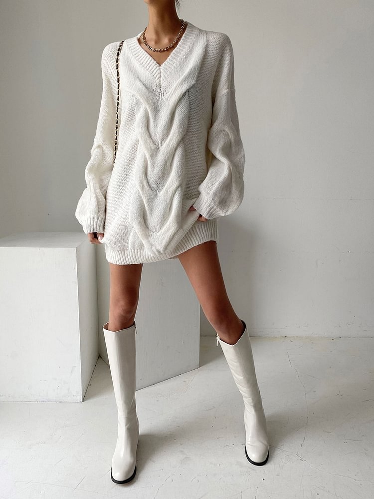High street v-neck lantern sleeves knitted dress women Casual loose sweater dresses Female solid winter mini vestidos - BlackFridayBuys