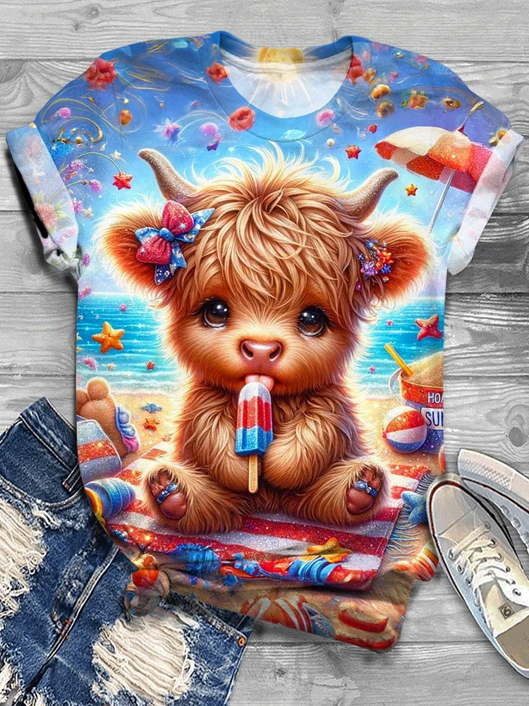 Beach Popsicle Highland Cow Crew Neck T-shirt