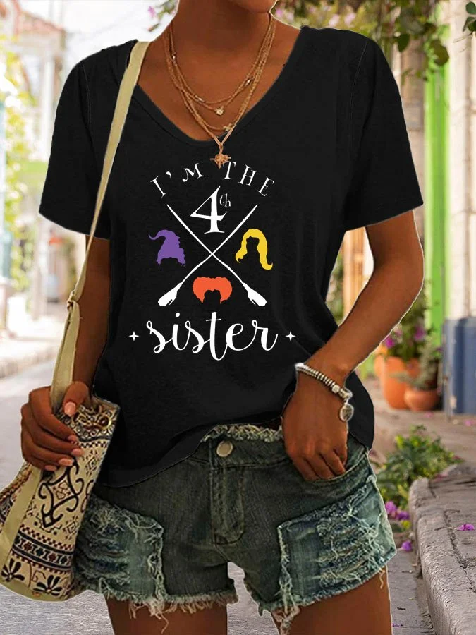 I Am The 4th Sister Halloween Print V-Neck Short Sleeve T-Shirt socialshop