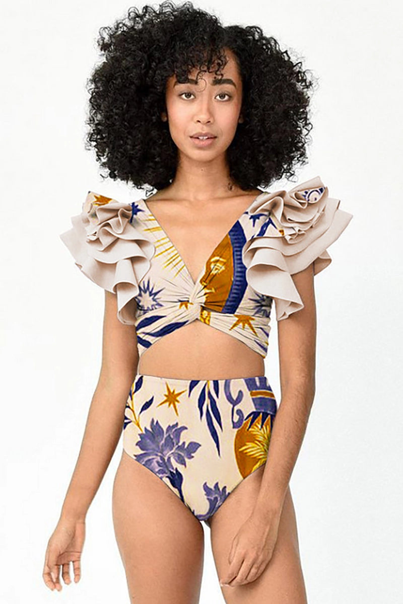 Ruffled Ethnic Print Bikini Set For Women