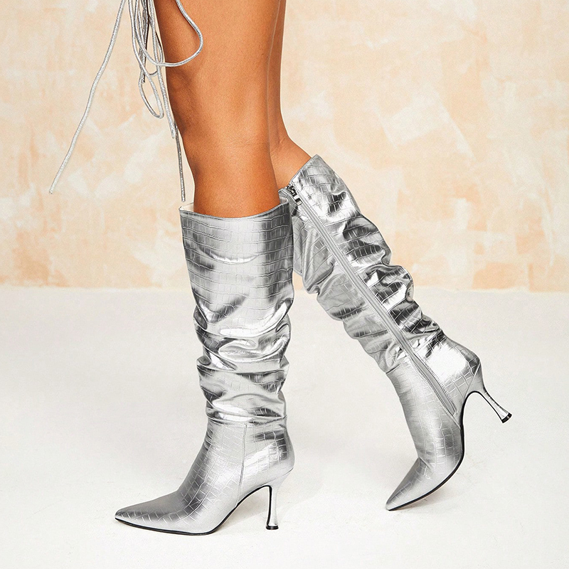 Silver Snakeskin Metallic Stiletto Heel Mid Calf Boots