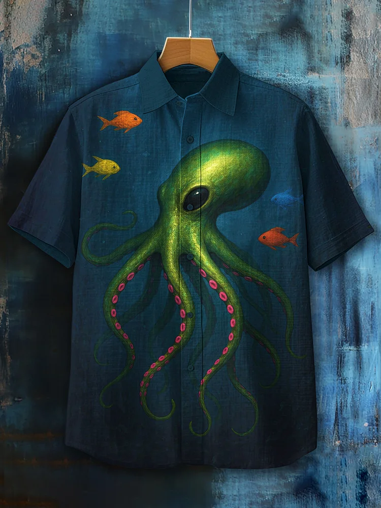Men's Deep-sea Green Octopus Fish Print Short Sleeve Shirt