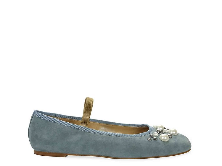 Blue Velvet Beaded Mary Jane Shoes Round Toe Flats with Studs |FSJ Shoes