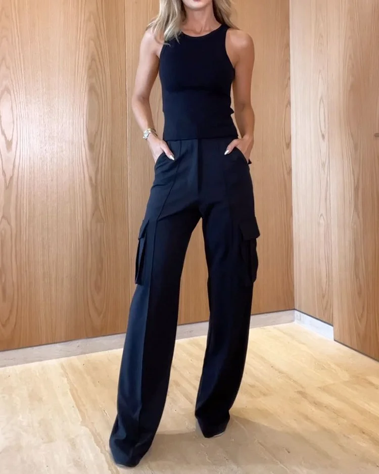 Casual Solid Color Vest & Pants Two-piece Set