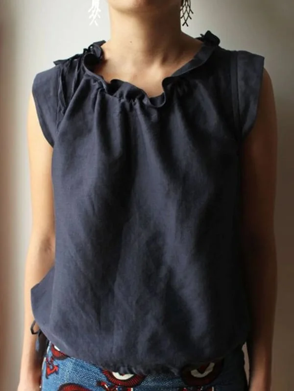 Casual Plain Frill Neck Cap Sleeve Loose Tank Top. socialshop