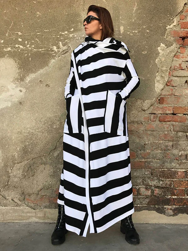 Casual Roomy Striped Split-Joint With Big Pocket Heaps Collar Long Sleeves Outwear