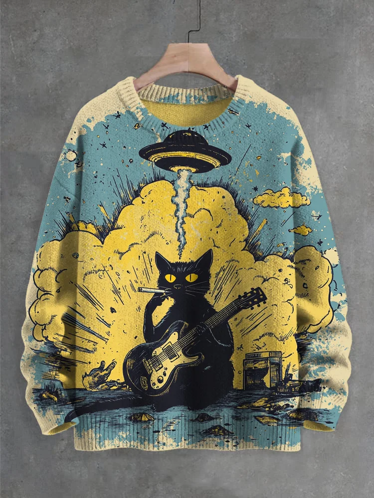 Men's Black Cat Smoking Guitar Explosion Art Print Knit Sweatshirt