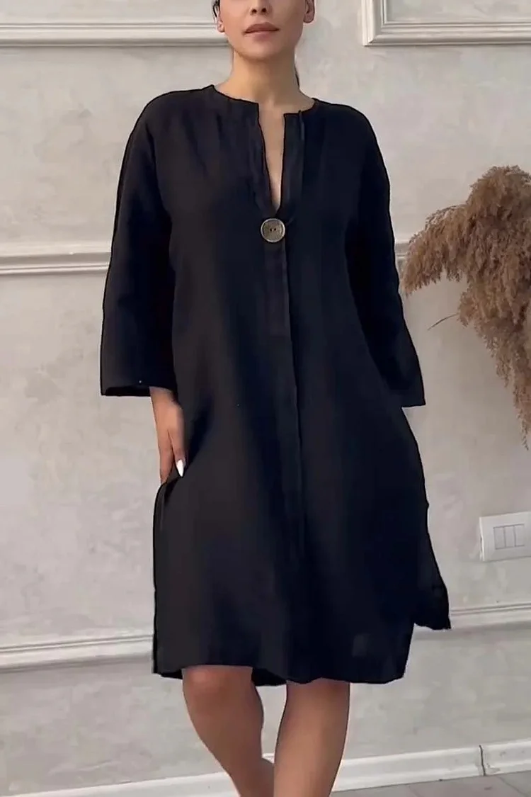 Women's Cotton and Linen Solid Color Casual Round Neck Button Long Dress socialshop